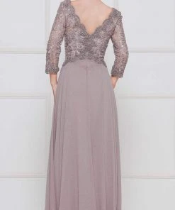 Formal Gowns Marsoni By Colors - Quarter Sleeve Scalloped Lace Gown M225 - 1 Pc Wine In Size 4 Available