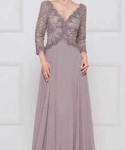 Formal Gowns Marsoni By Colors - Quarter Sleeve Scalloped Lace Gown M225 - 1 Pc Wine In Size 4 Available