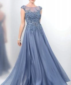 Marsoni By Colors - Romantic Lace Illusion Evening Gown M116 - 1 Pc Slate Blue In Sizes 8 Available Formal Gowns