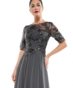 Formal Gowns Marsoni By Colors - Sheer Quarter Sleeved Boat Neck Beaded Chiffon A-line Dress M286