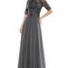 Formal Gowns Marsoni By Colors - Sheer Quarter Sleeved Boat Neck Beaded Chiffon A-line Dress M286