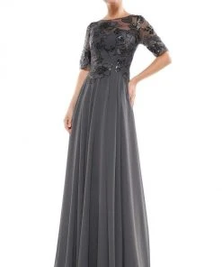Formal Gowns Marsoni By Colors - Sheer Quarter Sleeved Boat Neck Beaded Chiffon A-line Dress M286