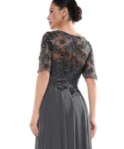 Formal Gowns Marsoni By Colors - Sheer Quarter Sleeved Boat Neck Beaded Chiffon A-line Dress M286