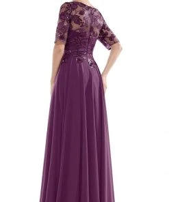 Formal Gowns Marsoni By Colors - Sheer Quarter Sleeved Boat Neck Beaded Chiffon A-line Dress M286