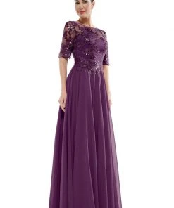 Formal Gowns Marsoni By Colors - Sheer Quarter Sleeved Boat Neck Beaded Chiffon A-line Dress M286