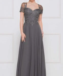 Marsoni By Colors - Short Sleeve Queen Anne Soutache Gown M271 - 1 Pc Slate Blue In Size 24 Available Formal Gowns