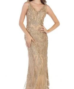 Formal Gowns May Queen - Applique V-neck Trumpet Evening Gown RQ7662 - 1 Pc Gold In Size 8 Available