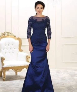 May Queen - Bateau Illusion Lace Trumpet Dress MQ1501 - 1 Pc Navy In Size 8 Available 11 May Queen - Bateau Illusion Lace Trumpet Dress MQ1501 - 1 Pc Navy In Size 8 Available