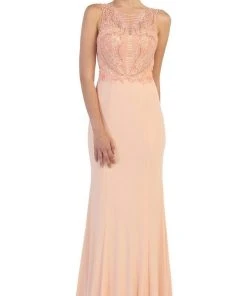 May Queen - Bateau Neck Beaded Jersey Evening Gown Formal Gowns