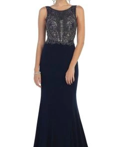 May Queen - Bateau Neck Beaded Jersey Evening Gown Formal Gowns