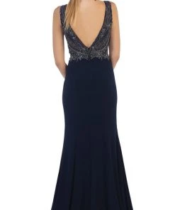May Queen - Bateau Neck Beaded Jersey Evening Gown Formal Gowns