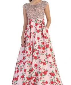Formal Gowns May Queen - Beaded Cap Sleeve And Floral A-line Evening Dress