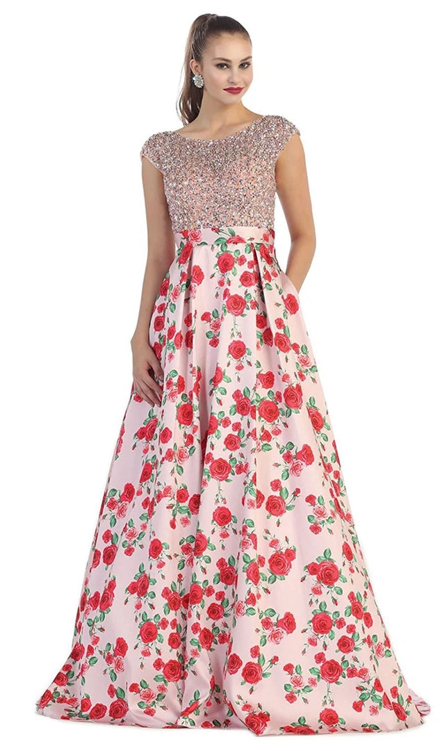 Formal Gowns May Queen - Beaded Cap Sleeve And Floral A-line Evening Dress 3 Formal Gowns May Queen - Beaded Cap Sleeve And Floral A-line Evening Dress