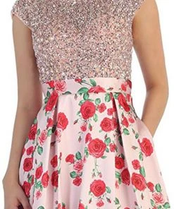 Formal Gowns May Queen - Beaded Cap Sleeve And Floral A-line Evening Dress