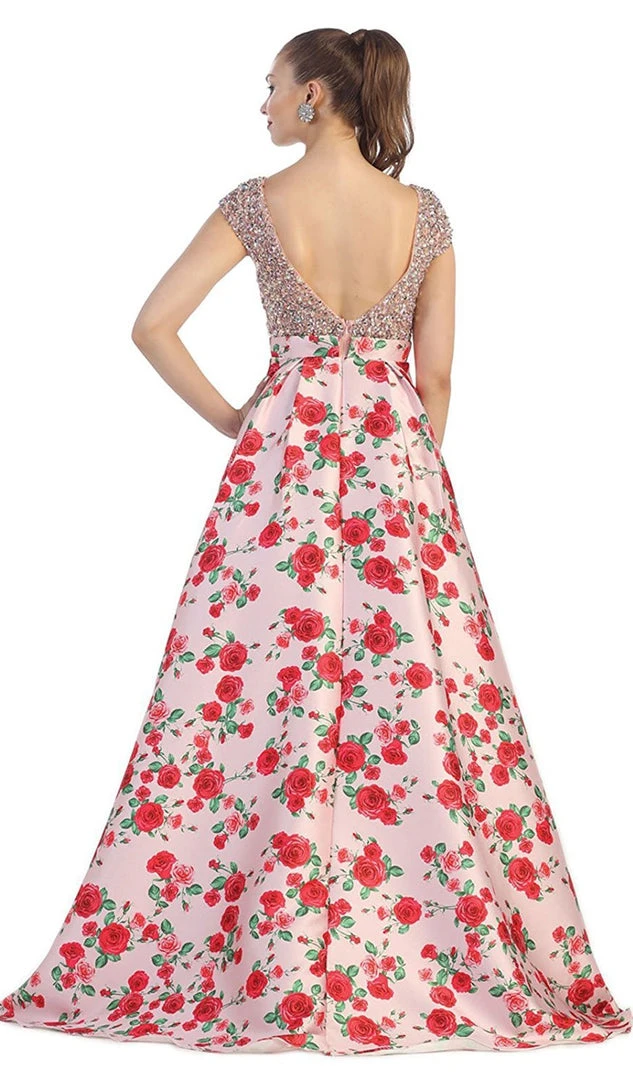 Formal Gowns May Queen - Beaded Cap Sleeve And Floral A-line Evening Dress 5 Formal Gowns May Queen - Beaded Cap Sleeve And Floral A-line Evening Dress