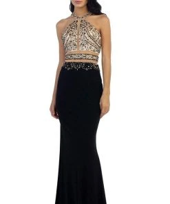May Queen - Beaded Halter Neckline Illusion Jersey Prom Dress
