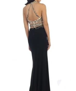 May Queen - Beaded Halter Neckline Illusion Jersey Prom Dress