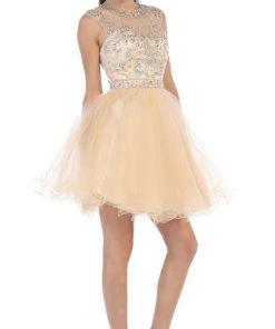 May Queen - Beaded Illusion Tulle Cocktail Dress Formal Gowns