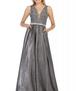 May Queen - Beaded Lace V-Neck Metallic Gown RQ7790 - 1 Pc Charcoal Gray In Size 8 Available