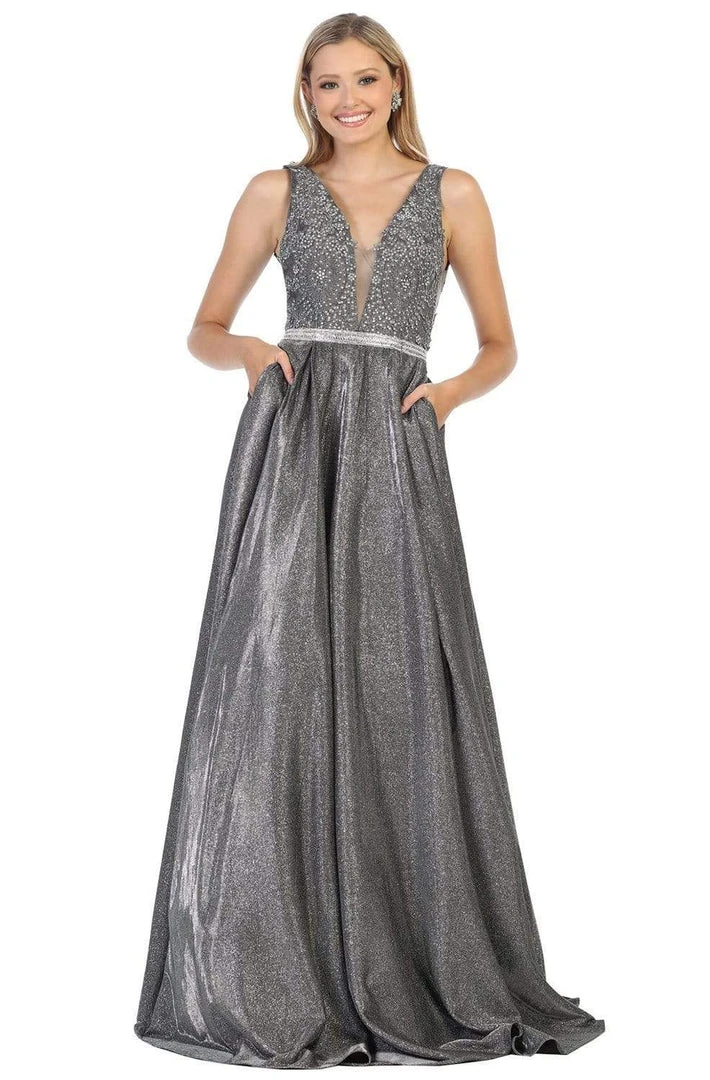 May Queen - Beaded Lace V-Neck Metallic Gown RQ7790 - 1 Pc Charcoal Gray In Size 8 Available 3 May Queen - Beaded Lace V-Neck Metallic Gown RQ7790 - 1 Pc Charcoal Gray In Size 8 Available