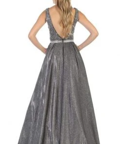 May Queen - Beaded Lace V-Neck Metallic Gown RQ7790 - 1 Pc Charcoal Gray In Size 8 Available 5 May Queen - Beaded Lace V-Neck Metallic Gown RQ7790 - 1 Pc Charcoal Gray In Size 8 Available