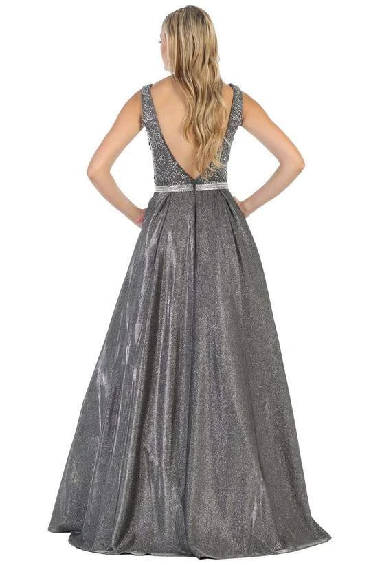 May Queen - Beaded Lace V-Neck Metallic Gown RQ7790 - 1 Pc Charcoal Gray In Size 8 Available 4 May Queen - Beaded Lace V-Neck Metallic Gown RQ7790 - 1 Pc Charcoal Gray In Size 8 Available