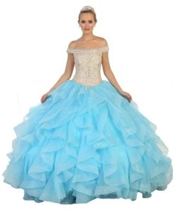 May Queen - Beaded Off-Shoulder Ruffled Quinceanera Ballgown Formal Gowns