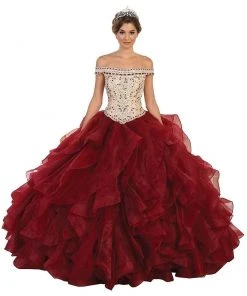May Queen - Beaded Off-Shoulder Ruffled Quinceanera Ballgown Formal Gowns