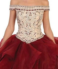May Queen - Beaded Off-Shoulder Ruffled Quinceanera Ballgown Formal Gowns