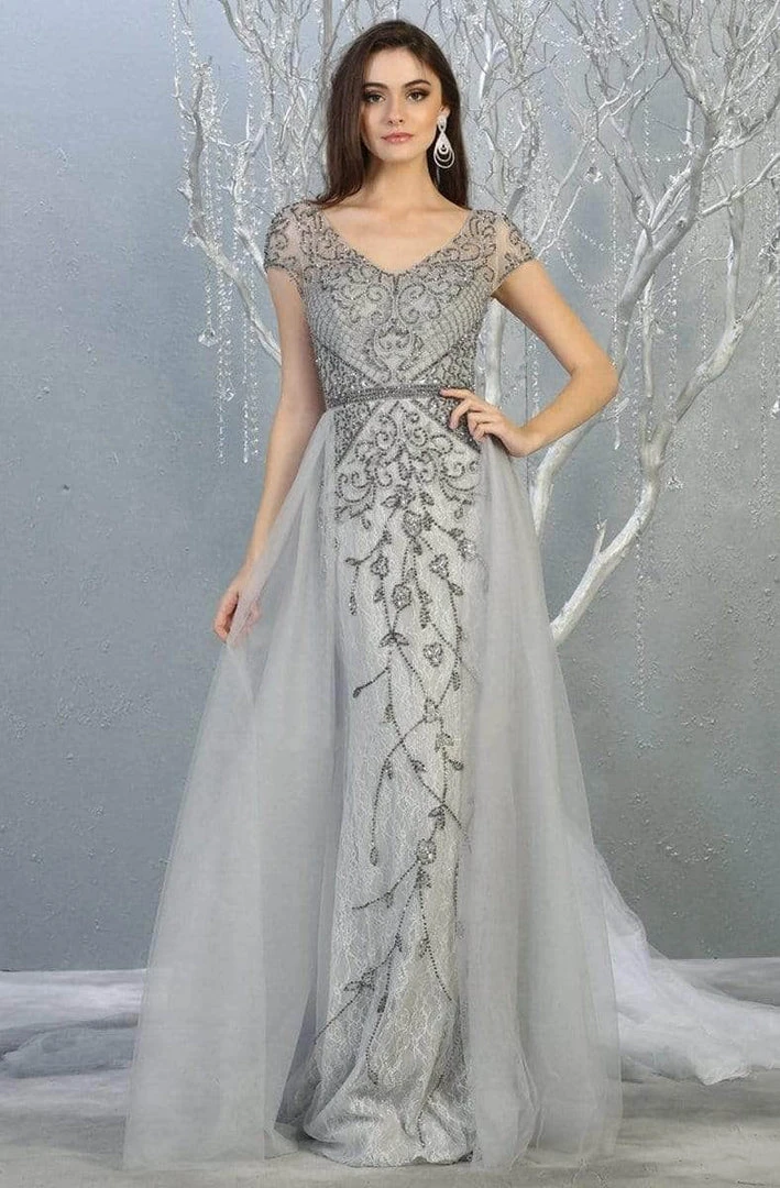 May Queen - Beaded V-Neck Overskirt Prom Gown RQ7833 - 1 Pc Silver In Size 6 Available Formal Gowns 3 May Queen - Beaded V-Neck Overskirt Prom Gown RQ7833 - 1 Pc Silver In Size 6 Available Formal Gowns