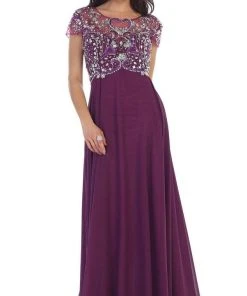 May Queen - Bejeweled Cap Sleeve Illusion Scoop Evening Dress