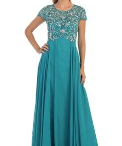 May Queen - Bejeweled Cap Sleeve Illusion Scoop Evening Dress