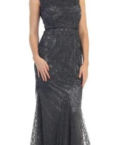 May Queen Bridal - Classy Bateau Illusion Trumpet Lace Dress MQ1258 Formal Gowns