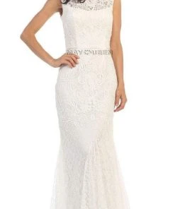 May Queen Bridal - Classy Bateau Illusion Trumpet Lace Dress MQ1258 Formal Gowns