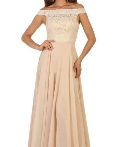 May Queen Bridal - MQ1514 Lace Overlaid Off-Shoulder A-Line Bridal Gown