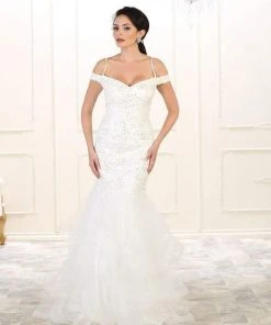 May Queen Bridal - RQ7502 Laced V-Neck Trumpet Dress Formal Gowns