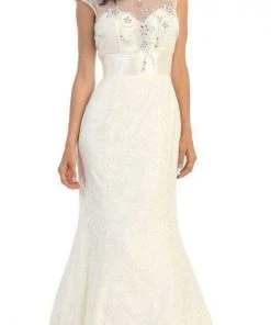 May Queen Bridal - Stunning Embroidered Cap Sleeved Illusion Mermaid Dress MQ1228