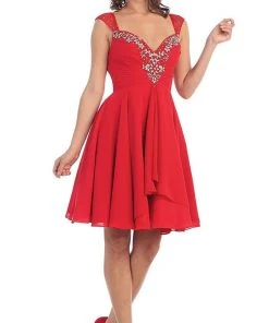 May Queen - Cap Sleeve Floral Jeweled A-Line Cocktail Dress Cocktail Dresses