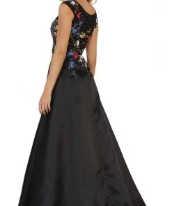 May Queen - Cap Sleeves Floral Appliqued A-line Evening Gown