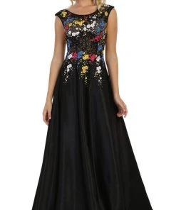 May Queen - Cap Sleeves Floral Appliqued A-line Evening Gown