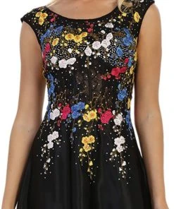 May Queen - Cap Sleeves Floral Appliqued A-line Evening Gown