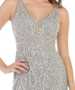 May Queen - Crystal Beaded V-neck Sheath Dress RQ7650 - 1 Pc Champagne In Size 20 Available Formal Gowns 8 May Queen - Crystal Beaded V-neck Sheath Dress RQ7650 - 1 Pc Champagne In Size 20 Available Formal Gowns