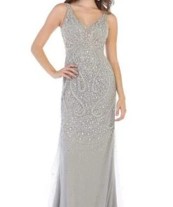 May Queen - Crystal Beaded V-neck Sheath Dress RQ7650 - 1 Pc Champagne In Size 20 Available Formal Gowns