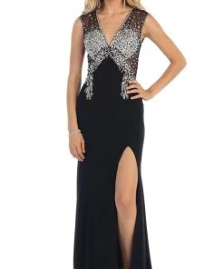Formal Gowns May Queen - Deep V-Neck Bejeweled Fitted Evening Gown