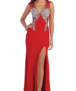 Formal Gowns May Queen - Deep V-Neck Bejeweled Fitted Evening Gown 12 Formal Gowns May Queen - Deep V-Neck Bejeweled Fitted Evening Gown