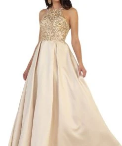 May Queen - Divine Gilt Embroidered Halter A-Line Prom Gown 14 May Queen - Divine Gilt Embroidered Halter A-Line Prom Gown