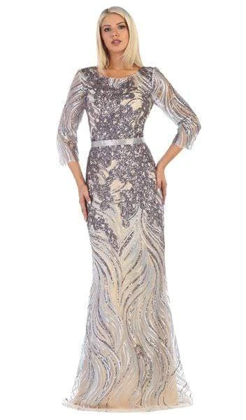 May Queen - Embellished Bateau Sheath Evening Dress RQ7686 - 1 Pc Silver/Multi In Size 3XL Available Formal Gowns 9 May Queen - Embellished Bateau Sheath Evening Dress RQ7686 - 1 Pc Silver/Multi In Size 3XL Available Formal Gowns
