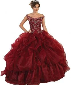 May Queen - Embellished Illusion Off-Shoulder Ruffled Quinceanera Ballgown Formal Gowns