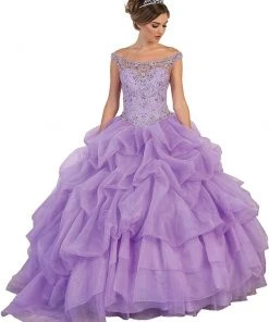 May Queen - Embellished Illusion Off-Shoulder Ruffled Quinceanera Ballgown Formal Gowns