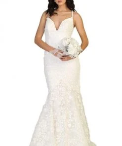 Formal Gowns May Queen - Embroidered Applique Trumpet Dress RQ7811 - 1 Pc Dark Blue/Nude In Size 16 Available